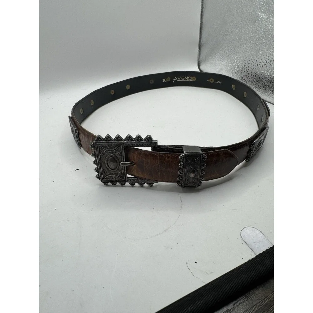 Vintage 80's Avignon Belt Sz M Brown Leather Silver Tone Buckle Fast Shipping
